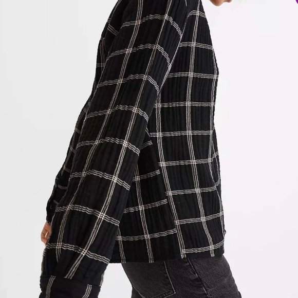 Madewell True Black Windowpane Chelston V-Neck Button Front Top Size XL NWT - Picture 2 of 11